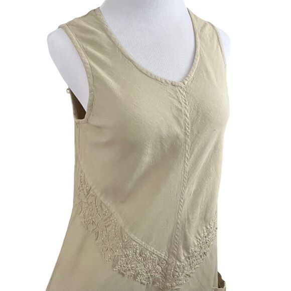 Serengeti Tan Linen Blend Embroidered Lagenlook Sleeveless Dress S - Picture 3 of 7